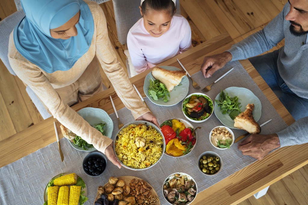 top view islamic family eating together