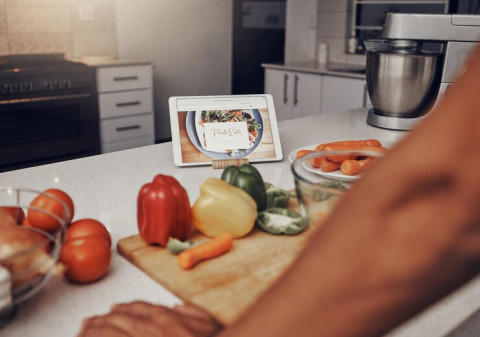 How to Replace Common Ingredients with Healthier Alternatives 42 screen tablet man with tutorial cooking ingredients online recipe learning male kitchen device with video instructions meal making food with online digital research 590464 131269