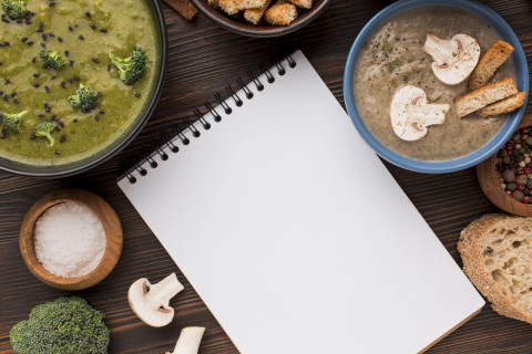 Vegetarian Meal Plans: Deliciously Balanced & Easy to Follow 83 top view assortment winter mushroom broccoli soups with notebook