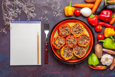 Simple Ways to Add More Vegetables to Every Meal 44 top view cooked bell peppers with different seasonings vegetables dark grey surface food dolma vegetable meal beef 140725 74494